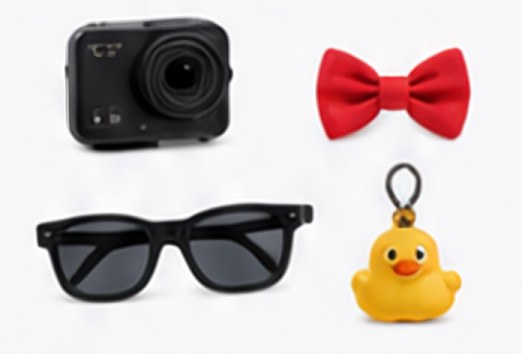 Action camera, red bow tie, sunglasses and a duck keychain