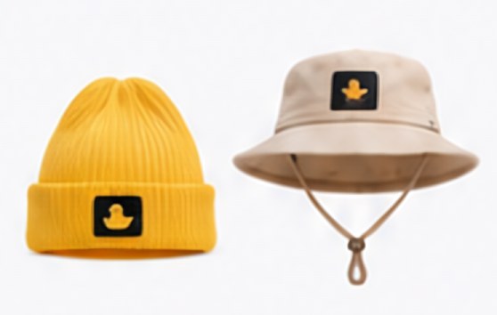 Yellow beanie and beige bucket hat with duck patch