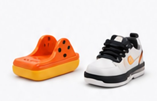 Orange clogs and a white sneaker