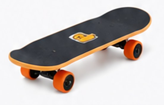 Mini skateboard with orange wheels