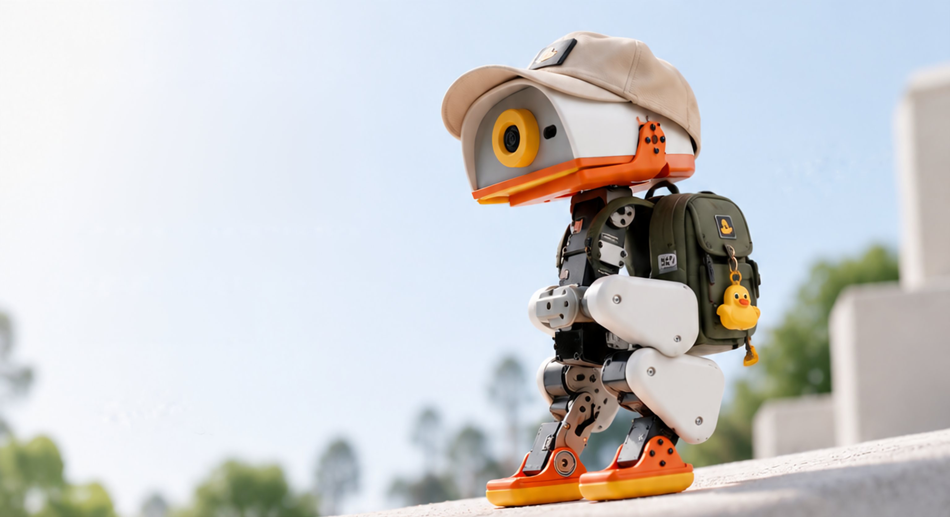 Microduck robot wearing a cap and an olive backpack, walking along a ledge