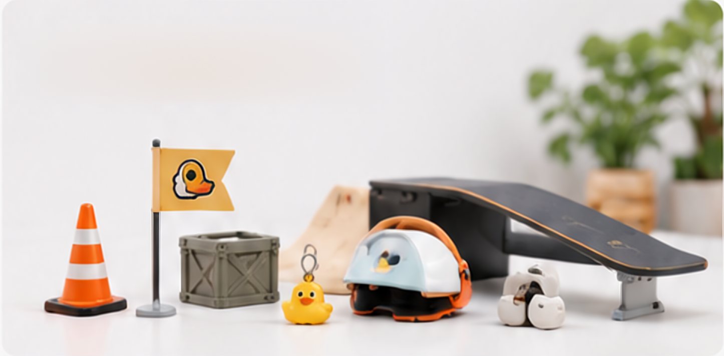 Upcoming accessories: traffic cone, flag, crate, keychain, helmet and a ramp