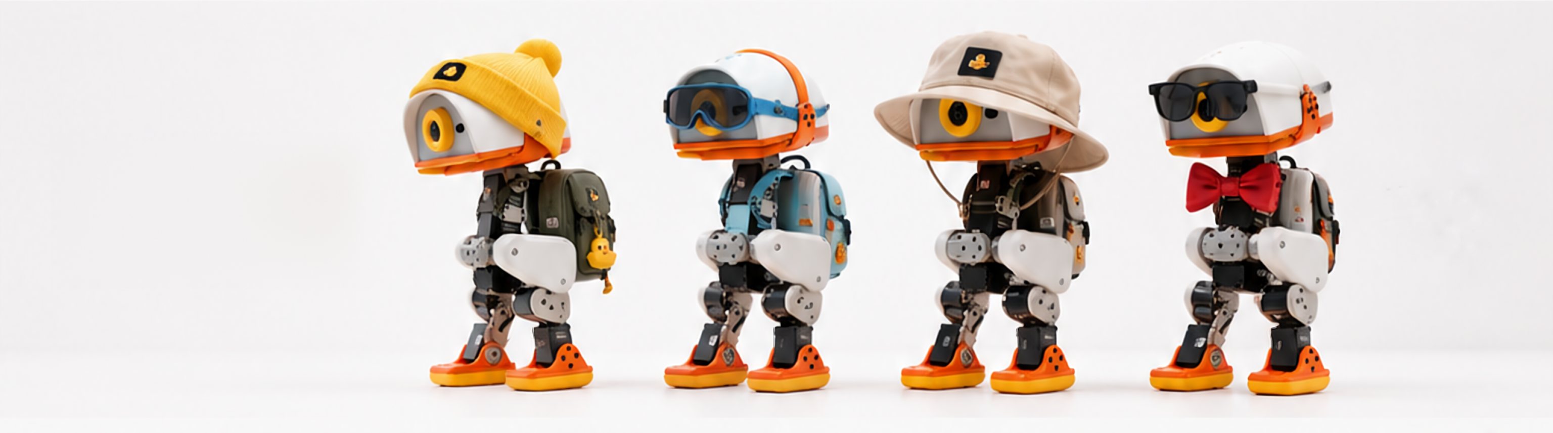 Four Microducks in different outfits: beanie, ski goggles, bucket hat, sunglasses with a red bow tie