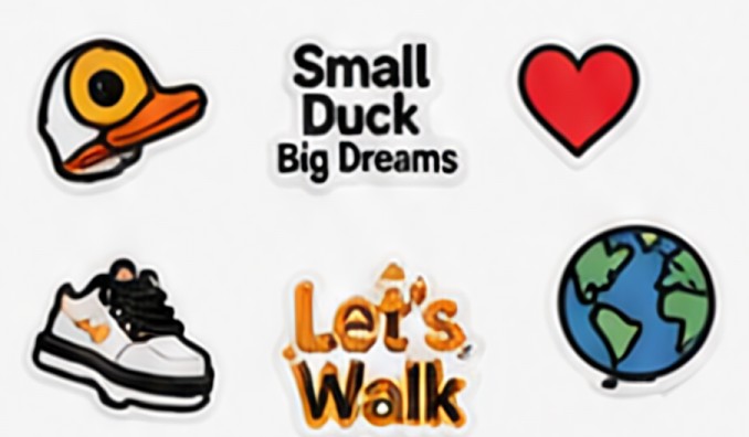 Sticker set: duck head, Small Duck Big Dreams, heart, sneaker, Let's Walk, globe