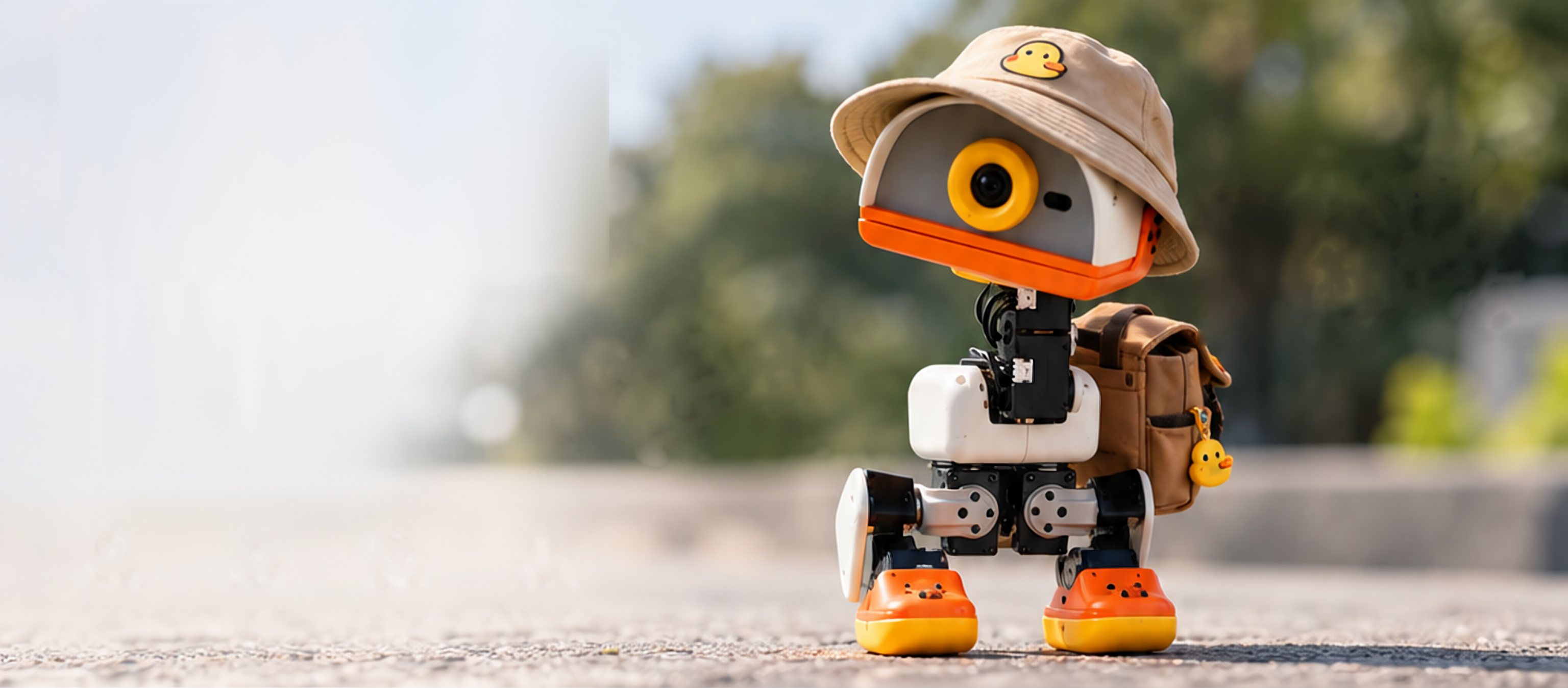 戴着渔夫帽、背着小挎包的 MicroDuck 站在路边